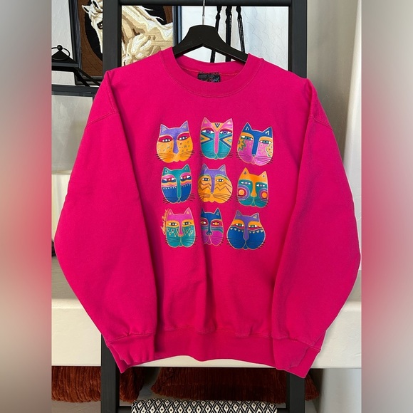 Laurel Burch Tops - Vintage Laurel Burch Cat Print Crew Neck Sweatshirt Pink Size Large